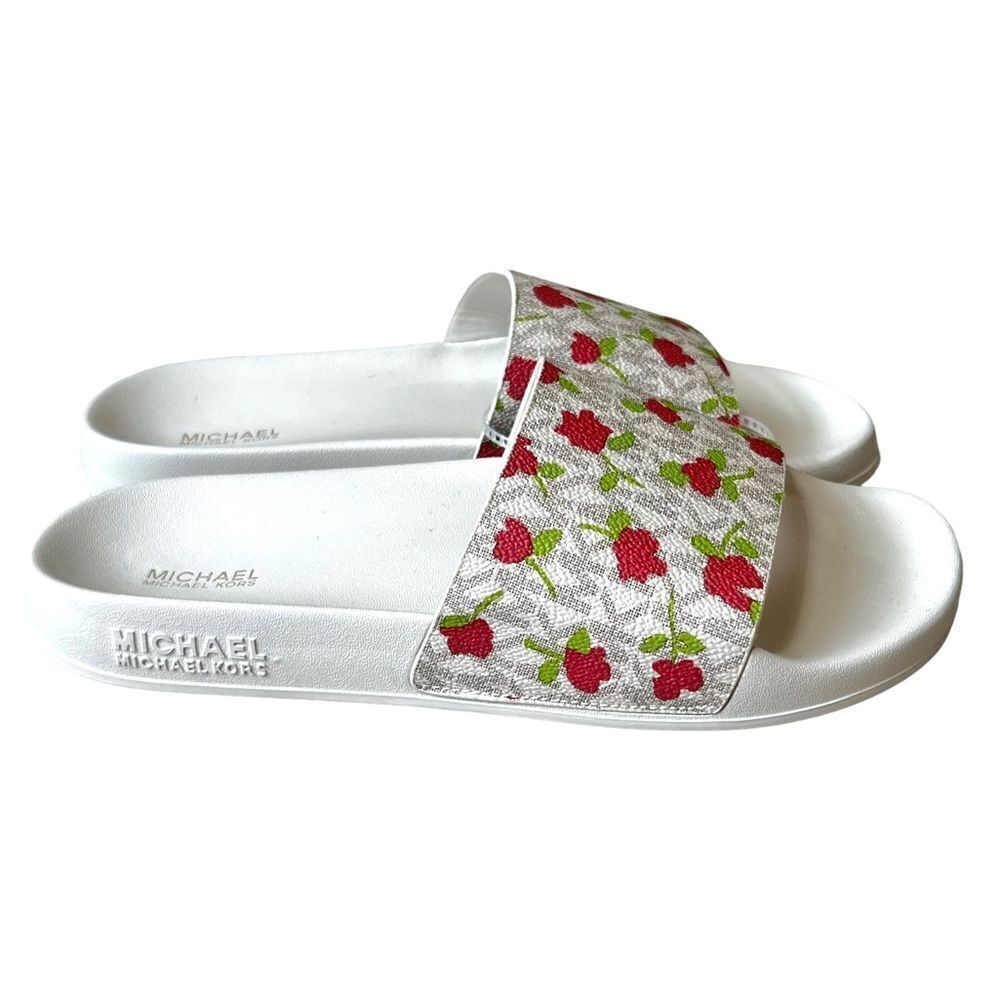 MICHAEL KORS Signature Vanilla Cream Floral Monogram Logo Slip On Slides - Picture 3 of 10